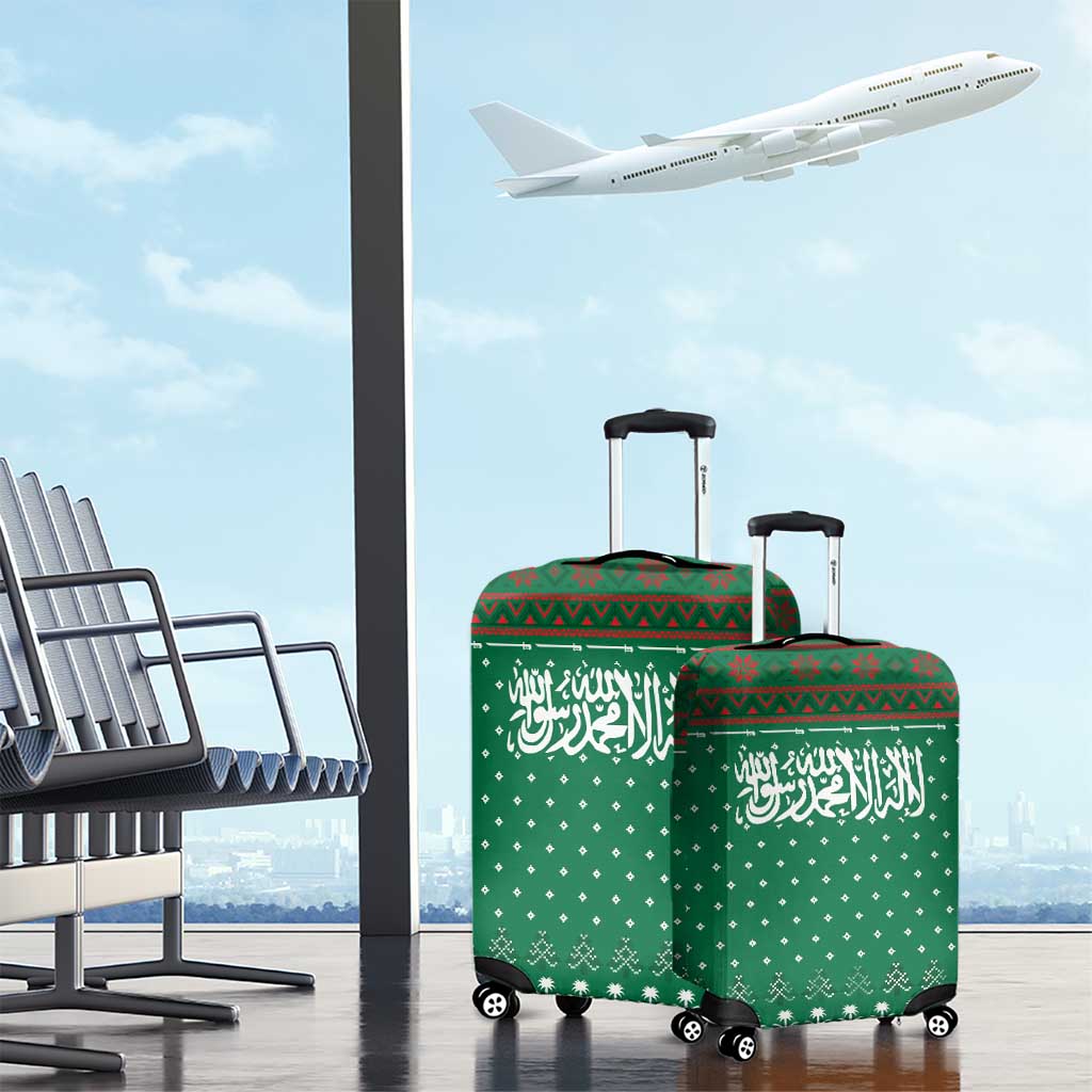 Saudi Arabia Christmas Luggage Cover with Green Pattern, Traditional Script Motif, and Camel Caravan Silhouette - Wonder Print Shop