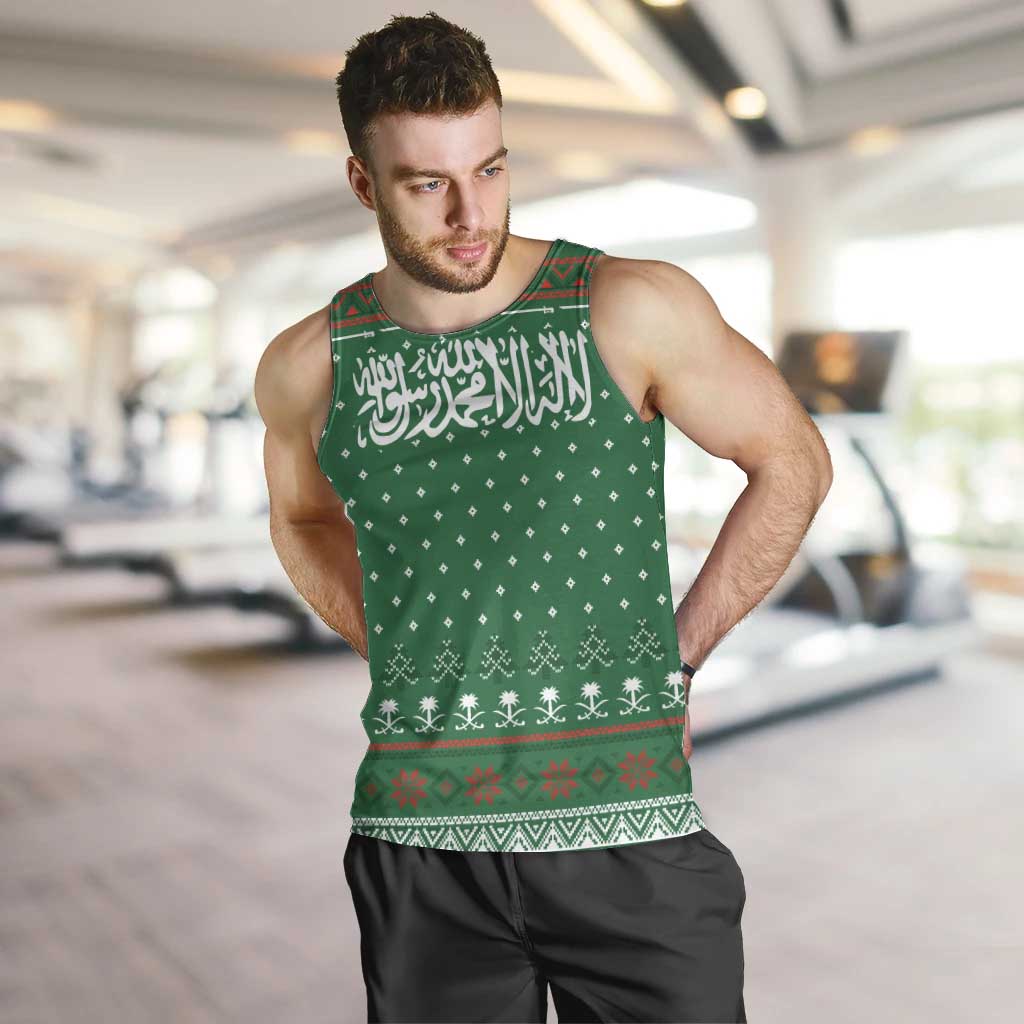 Saudi Arabia Christmas Men Tank Top with Green Pattern, Traditional Script Motif, and Camel Caravan Silhouette - Wonder Print Shop