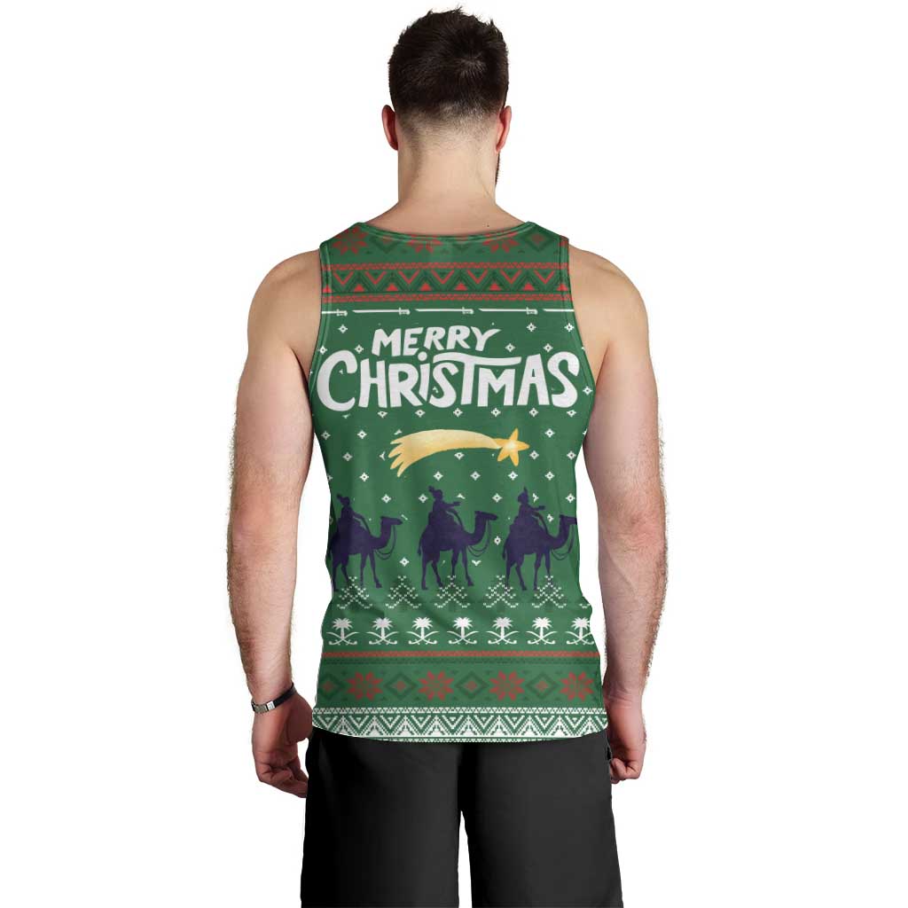 Saudi Arabia Christmas Men Tank Top with Green Pattern, Traditional Script Motif, and Camel Caravan Silhouette - Wonder Print Shop