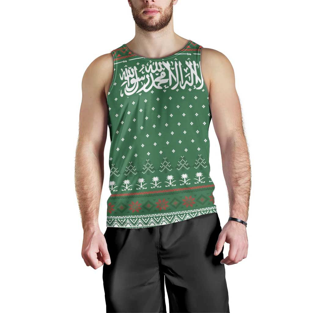 Saudi Arabia Christmas Men Tank Top with Green Pattern, Traditional Script Motif, and Camel Caravan Silhouette - Wonder Print Shop