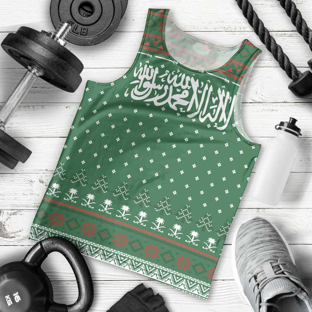 Saudi Arabia Christmas Men Tank Top with Green Pattern, Traditional Script Motif, and Camel Caravan Silhouette - Wonder Print Shop