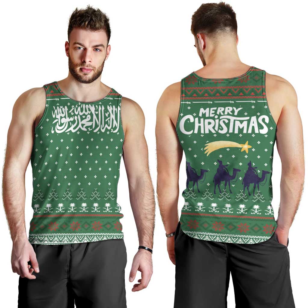 Saudi Arabia Christmas Men Tank Top with Green Pattern, Traditional Script Motif, and Camel Caravan Silhouette - Wonder Print Shop