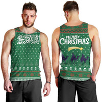 Saudi Arabia Christmas Men Tank Top with Green Pattern, Traditional Script Motif, and Camel Caravan Silhouette - Wonder Print Shop