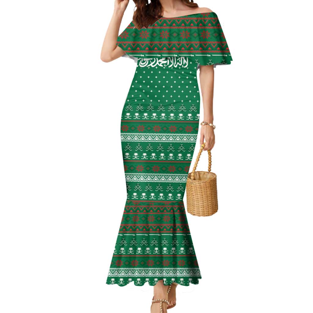 Saudi Arabia Christmas Mermaid Dress with Green Pattern, Traditional Script Motif, and Camel Caravan Silhouette - Wonder Print Shop