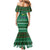 Saudi Arabia Christmas Mermaid Dress with Green Pattern, Traditional Script Motif, and Camel Caravan Silhouette - Wonder Print Shop