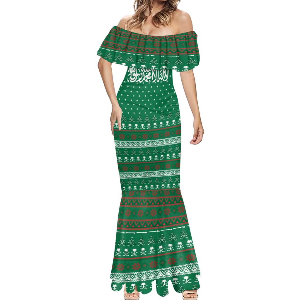 Saudi Arabia Christmas Mermaid Dress with Green Pattern, Traditional Script Motif, and Camel Caravan Silhouette - Wonder Print Shop