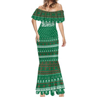Saudi Arabia Christmas Mermaid Dress with Green Pattern, Traditional Script Motif, and Camel Caravan Silhouette - Wonder Print Shop