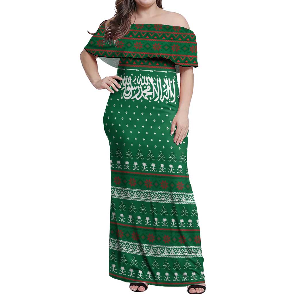 Saudi Arabia Christmas Off Shoulder Maxi Dress with Green Pattern, Traditional Script Motif, and Camel Caravan Silhouette - Wonder Print Shop