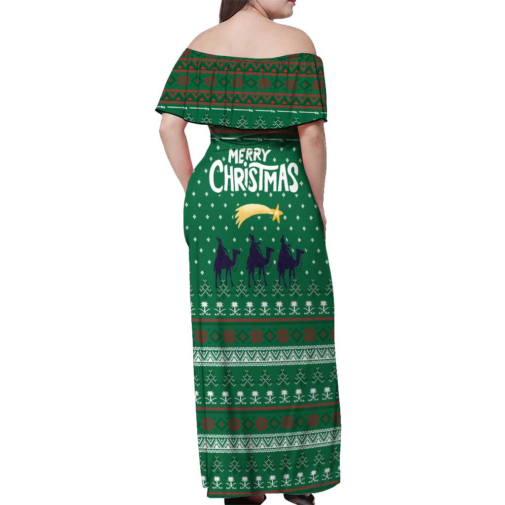 Saudi Arabia Christmas Off Shoulder Maxi Dress with Green Pattern, Traditional Script Motif, and Camel Caravan Silhouette - Wonder Print Shop