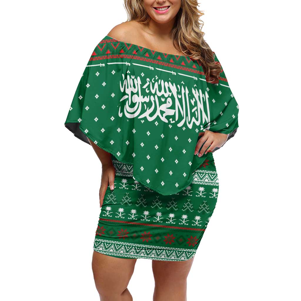 Saudi Arabia Christmas Off Shoulder Short Dress with Green Pattern, Traditional Script Motif, and Camel Caravan Silhouette - Wonder Print Shop