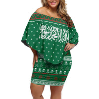 Saudi Arabia Christmas Off Shoulder Short Dress with Green Pattern, Traditional Script Motif, and Camel Caravan Silhouette - Wonder Print Shop