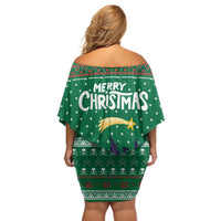 Saudi Arabia Christmas Off Shoulder Short Dress with Green Pattern, Traditional Script Motif, and Camel Caravan Silhouette - Wonder Print Shop