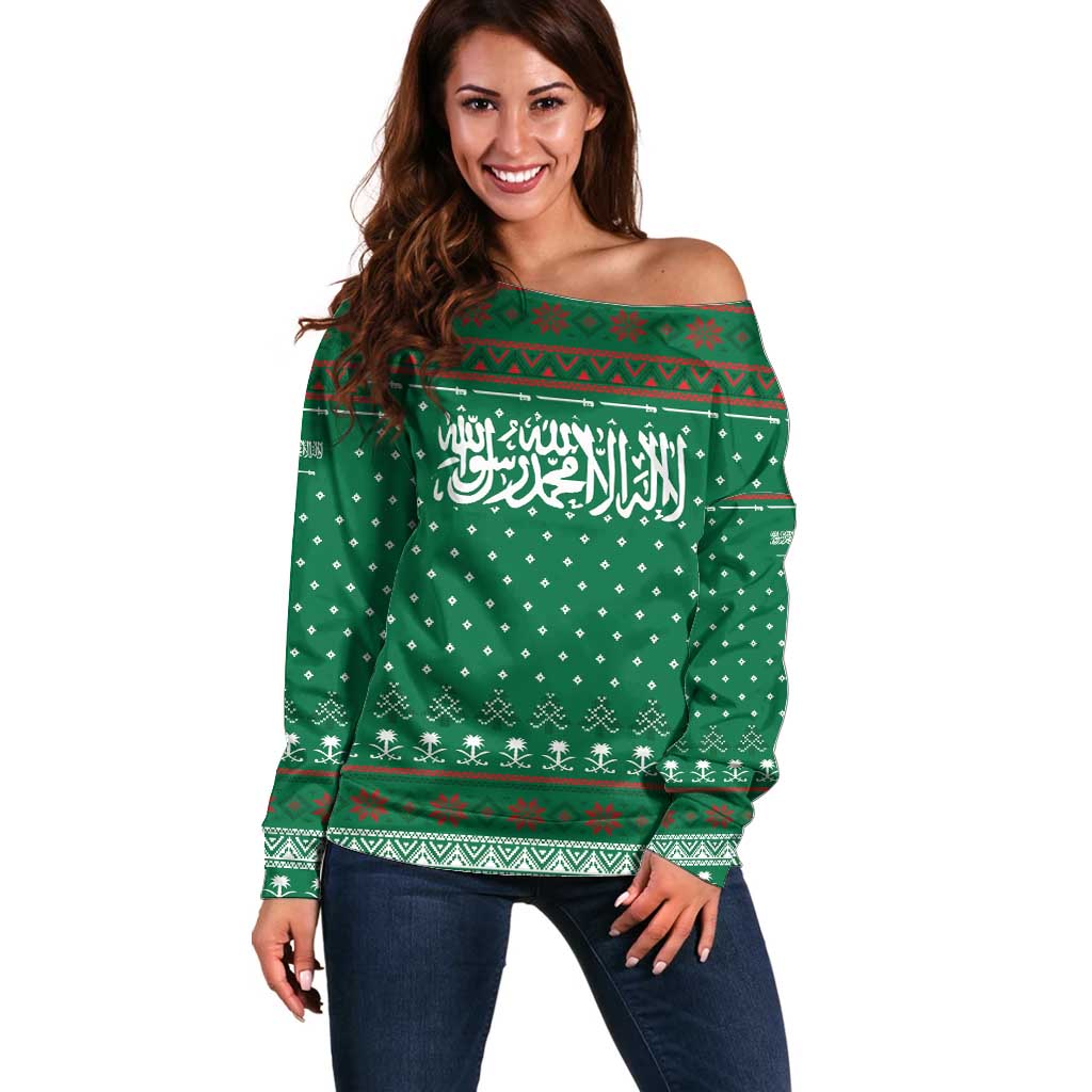 Saudi Arabia Christmas Off Shoulder Sweater with Green Pattern, Traditional Script Motif, and Camel Caravan Silhouette - Wonder Print Shop