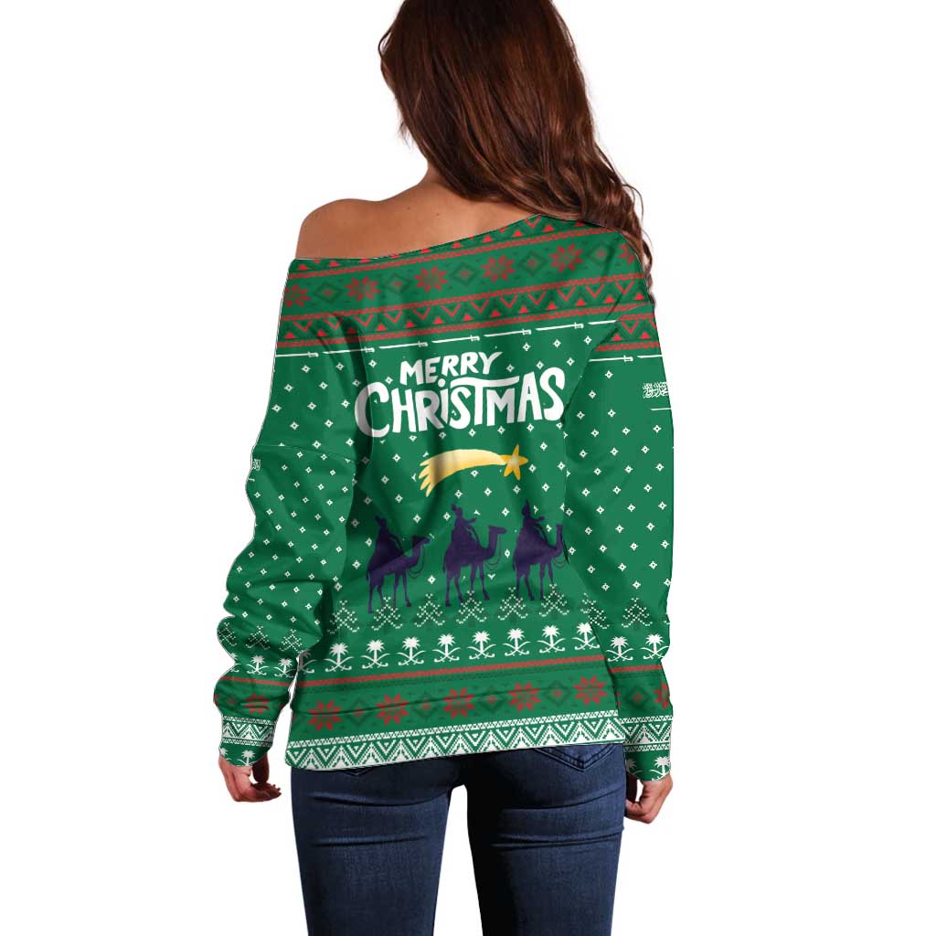 Saudi Arabia Christmas Off Shoulder Sweater with Green Pattern, Traditional Script Motif, and Camel Caravan Silhouette - Wonder Print Shop