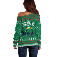 Saudi Arabia Christmas Off Shoulder Sweater with Green Pattern, Traditional Script Motif, and Camel Caravan Silhouette - Wonder Print Shop