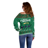 Saudi Arabia Christmas Off Shoulder Sweater with Green Pattern, Traditional Script Motif, and Camel Caravan Silhouette - Wonder Print Shop