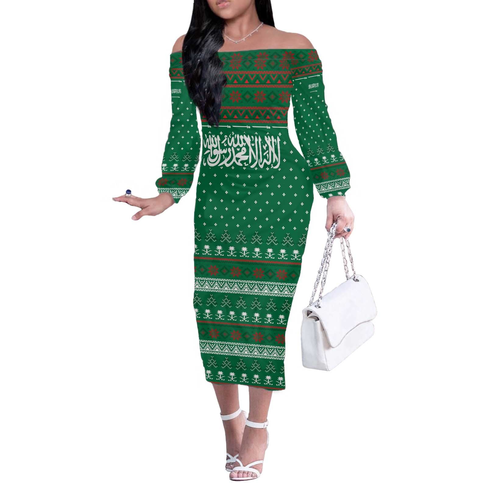 Saudi Arabia Christmas Off The Shoulder Long Sleeve Dress with Green Pattern, Traditional Script Motif, and Camel Caravan Silhouette - Wonder Print Shop