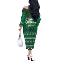 Saudi Arabia Christmas Off The Shoulder Long Sleeve Dress with Green Pattern, Traditional Script Motif, and Camel Caravan Silhouette - Wonder Print Shop