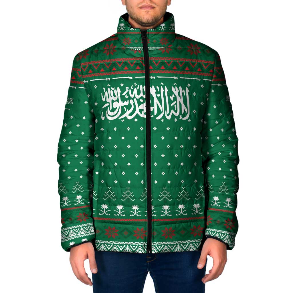 Saudi Arabia Christmas Padded Jacket with Green Pattern, Traditional Script Motif, and Camel Caravan Silhouette - Wonder Print Shop