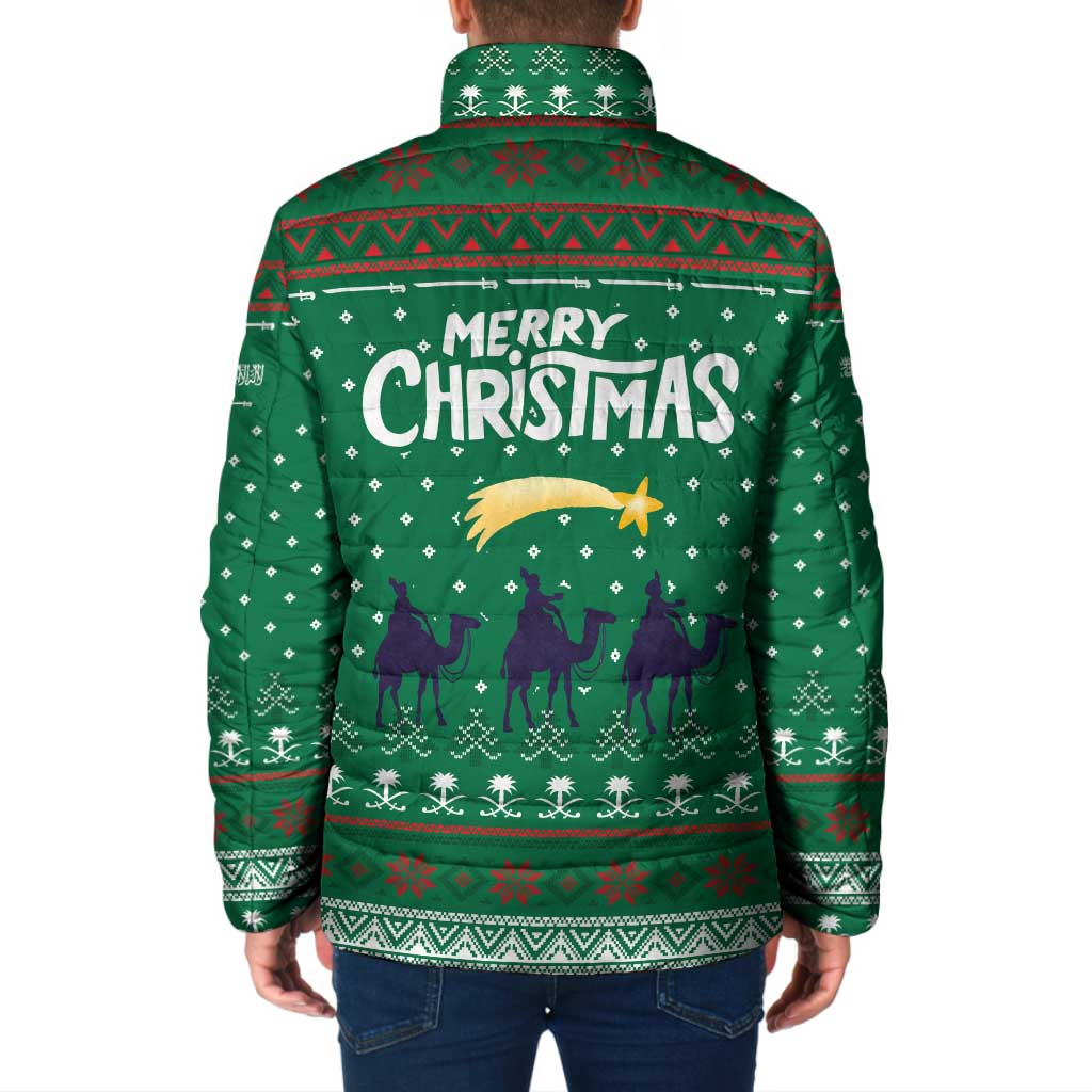 Saudi Arabia Christmas Padded Jacket with Green Pattern, Traditional Script Motif, and Camel Caravan Silhouette - Wonder Print Shop
