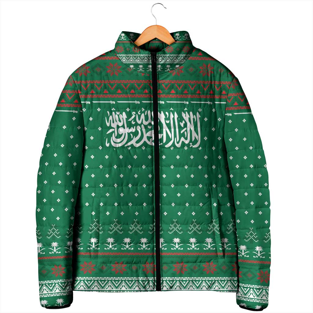 Saudi Arabia Christmas Padded Jacket with Green Pattern, Traditional Script Motif, and Camel Caravan Silhouette - Wonder Print Shop