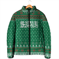 Saudi Arabia Christmas Padded Jacket with Green Pattern, Traditional Script Motif, and Camel Caravan Silhouette - Wonder Print Shop