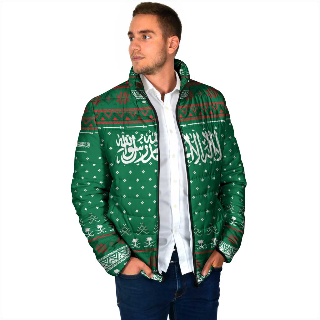 Saudi Arabia Christmas Padded Jacket with Green Pattern, Traditional Script Motif, and Camel Caravan Silhouette - Wonder Print Shop