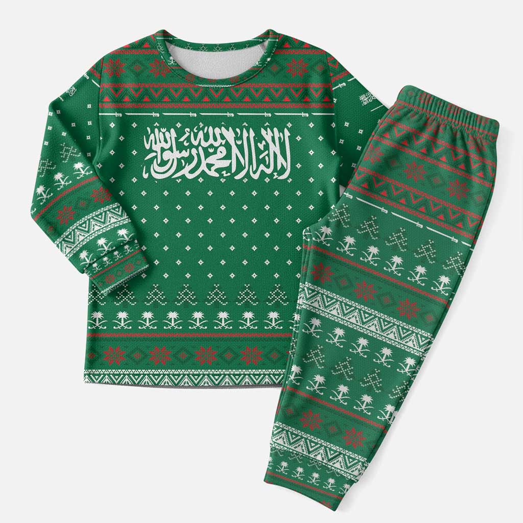 Saudi Arabia Christmas Pajama Set with Green Pattern, Traditional Script Motif, and Camel Caravan Silhouette - Wonder Print Shop