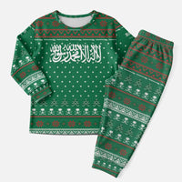 Saudi Arabia Christmas Pajama Set with Green Pattern, Traditional Script Motif, and Camel Caravan Silhouette - Wonder Print Shop