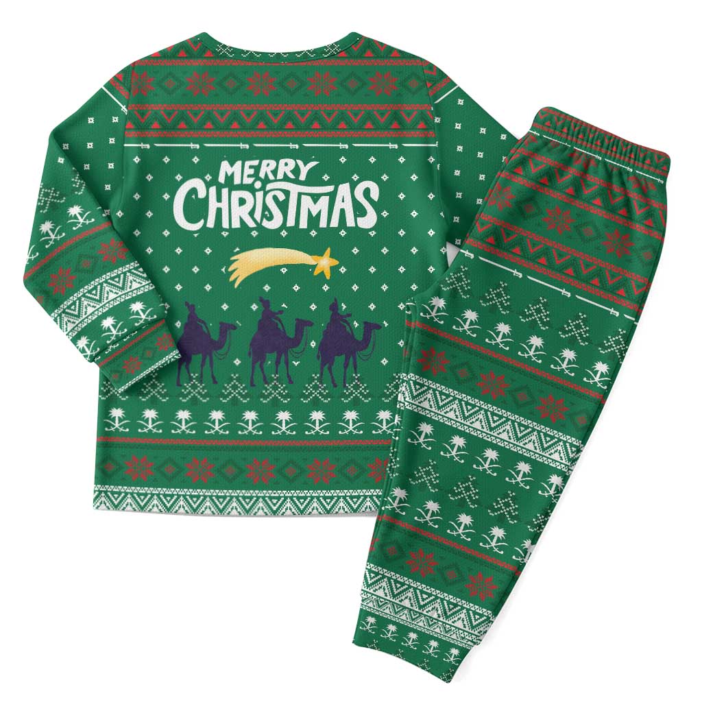 Saudi Arabia Christmas Pajama Set with Green Pattern, Traditional Script Motif, and Camel Caravan Silhouette - Wonder Print Shop