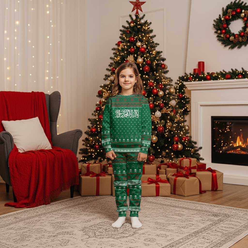Saudi Arabia Christmas Pajama Set with Green Pattern, Traditional Script Motif, and Camel Caravan Silhouette - Wonder Print Shop