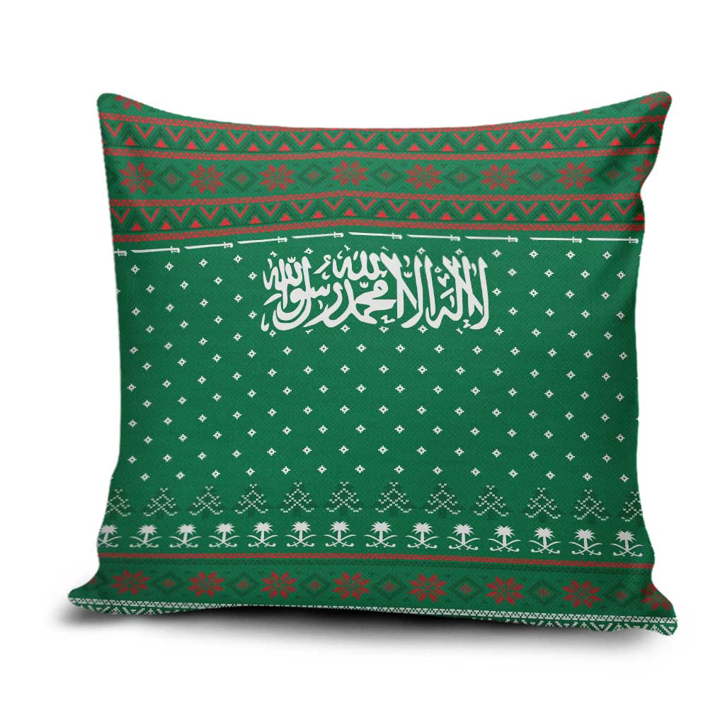 Saudi Arabia Christmas Pillow Cover with Green Pattern, Traditional Script Motif, and Camel Caravan Silhouette - Wonder Print Shop