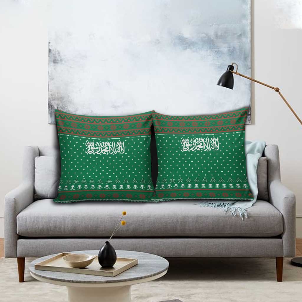Saudi Arabia Christmas Pillow Cover with Green Pattern, Traditional Script Motif, and Camel Caravan Silhouette - Wonder Print Shop