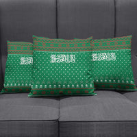 Saudi Arabia Christmas Pillow Cover with Green Pattern, Traditional Script Motif, and Camel Caravan Silhouette - Wonder Print Shop