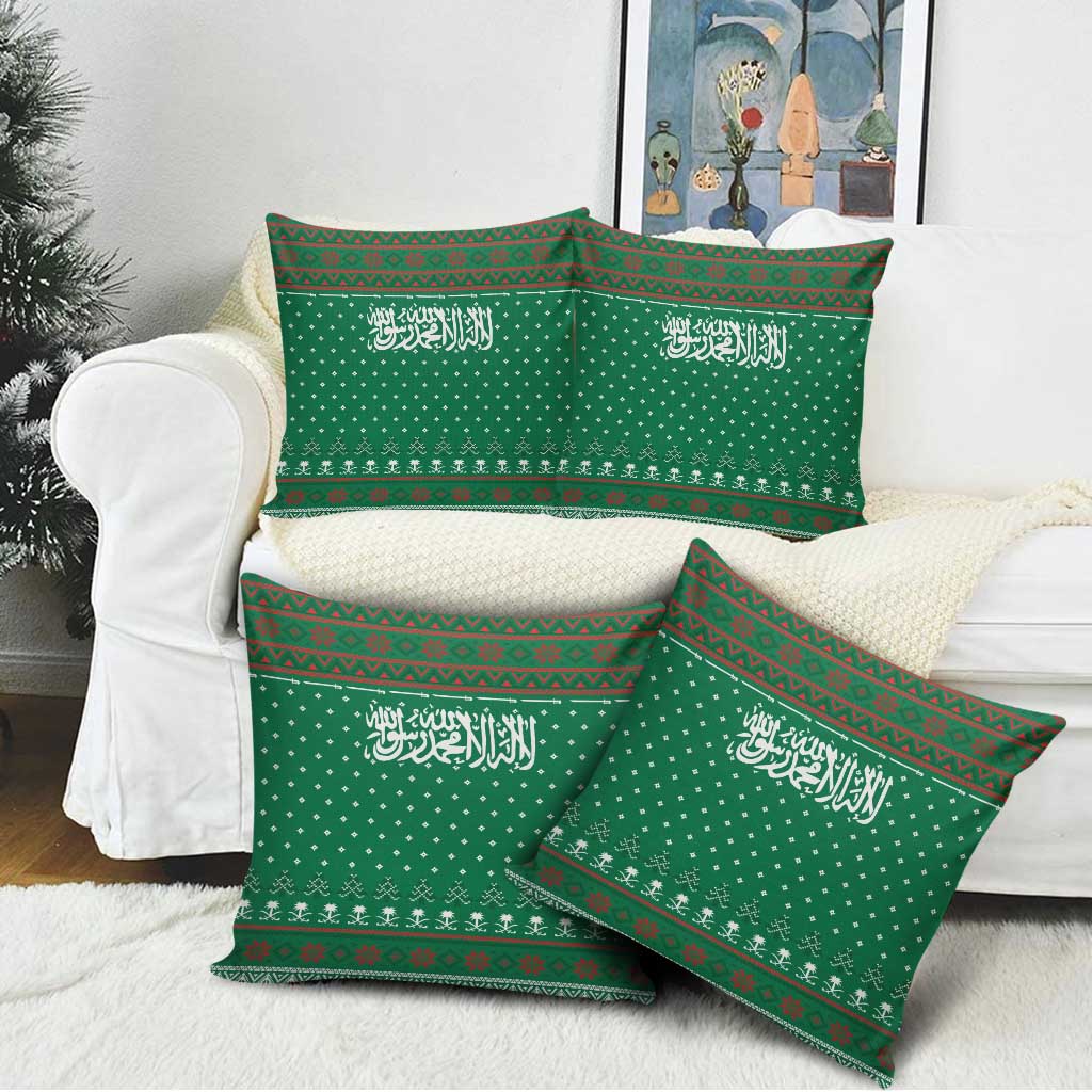 Saudi Arabia Christmas Pillow Cover with Green Pattern, Traditional Script Motif, and Camel Caravan Silhouette - Wonder Print Shop