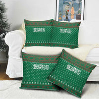 Saudi Arabia Christmas Pillow Cover with Green Pattern, Traditional Script Motif, and Camel Caravan Silhouette - Wonder Print Shop