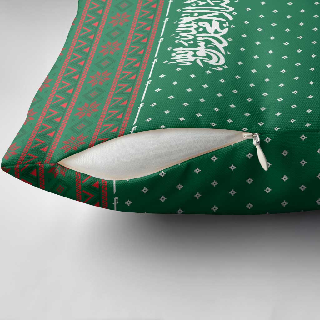 Saudi Arabia Christmas Pillow Cover with Green Pattern, Traditional Script Motif, and Camel Caravan Silhouette - Wonder Print Shop