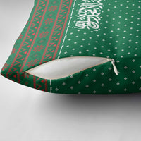 Saudi Arabia Christmas Pillow Cover with Green Pattern, Traditional Script Motif, and Camel Caravan Silhouette - Wonder Print Shop