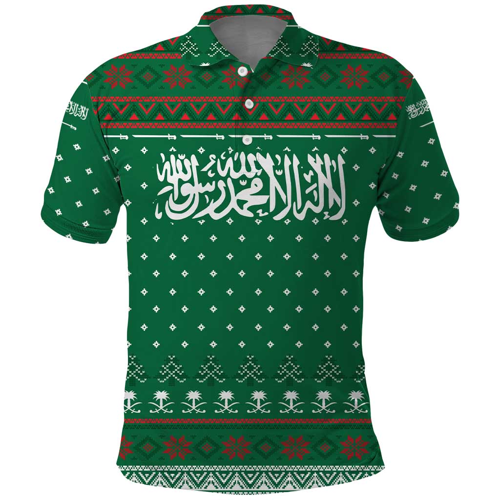 Saudi Arabia Christmas Polo Shirt with Green Pattern, Traditional Script Motif, and Camel Caravan Silhouette - Wonder Print Shop