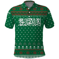 Saudi Arabia Christmas Polo Shirt with Green Pattern, Traditional Script Motif, and Camel Caravan Silhouette - Wonder Print Shop