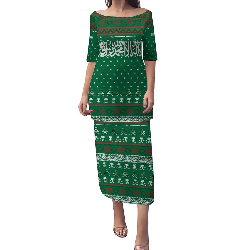 Saudi Arabia Christmas Puletasi with Green Pattern, Traditional Script Motif, and Camel Caravan Silhouette - Wonder Print Shop