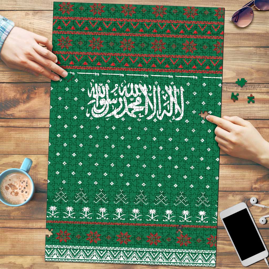 Saudi Arabia Christmas Puzzle with Green Pattern, Traditional Script Motif, and Camel Caravan Silhouette - Wonder Print Shop