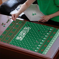 Saudi Arabia Christmas Puzzle with Green Pattern, Traditional Script Motif, and Camel Caravan Silhouette - Wonder Print Shop