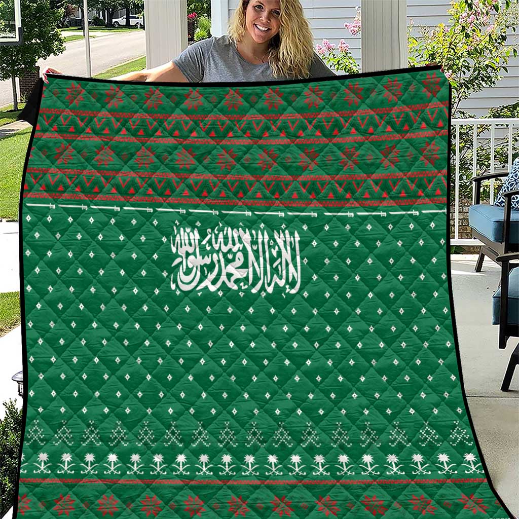 Saudi Arabia Christmas Quilt with Green Pattern, Traditional Script Motif, and Camel Caravan Silhouette - Wonder Print Shop