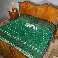Saudi Arabia Christmas Quilt with Green Pattern, Traditional Script Motif, and Camel Caravan Silhouette - Wonder Print Shop