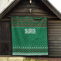 Saudi Arabia Christmas Quilt with Green Pattern, Traditional Script Motif, and Camel Caravan Silhouette - Wonder Print Shop