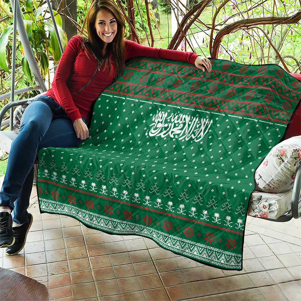 Saudi Arabia Christmas Quilt with Green Pattern, Traditional Script Motif, and Camel Caravan Silhouette - Wonder Print Shop