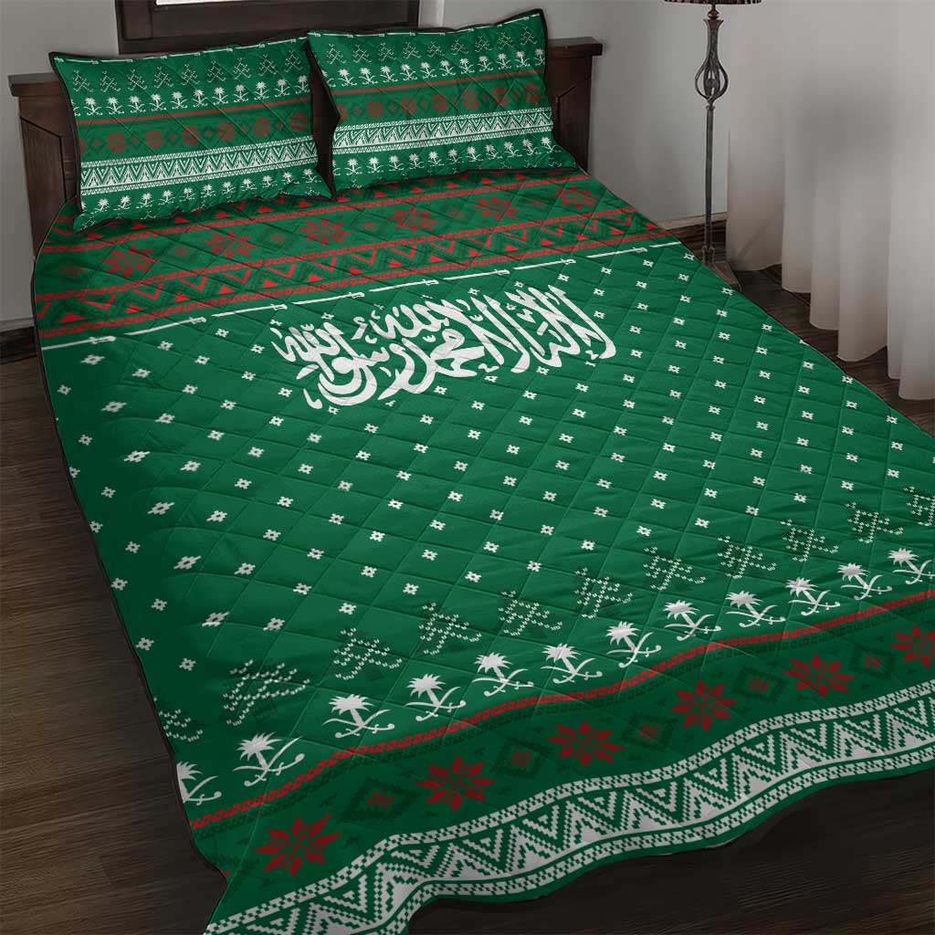 Saudi Arabia Christmas Quilt Bed Set with Green Pattern, Traditional Script Motif, and Camel Caravan Silhouette - Wonder Print Shop
