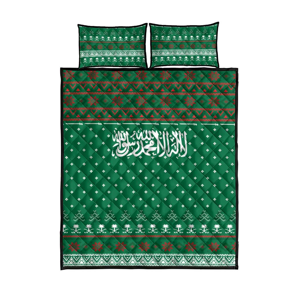 Saudi Arabia Christmas Quilt Bed Set with Green Pattern, Traditional Script Motif, and Camel Caravan Silhouette - Wonder Print Shop
