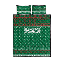 Saudi Arabia Christmas Quilt Bed Set with Green Pattern, Traditional Script Motif, and Camel Caravan Silhouette - Wonder Print Shop